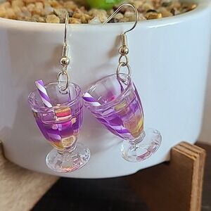 Handmade Cocktail Drink Earrings Purple Novelty Funky Dangle Drop Earrings